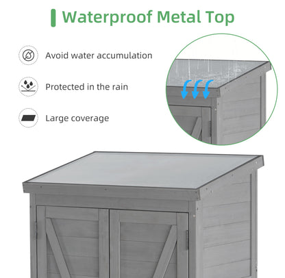 68''x33''x20'' Outdoor Wooden Storage Shed with Metal Top Tall Vertical Tool Cabinet for Backyard Garden Patio Lawn (Grey)