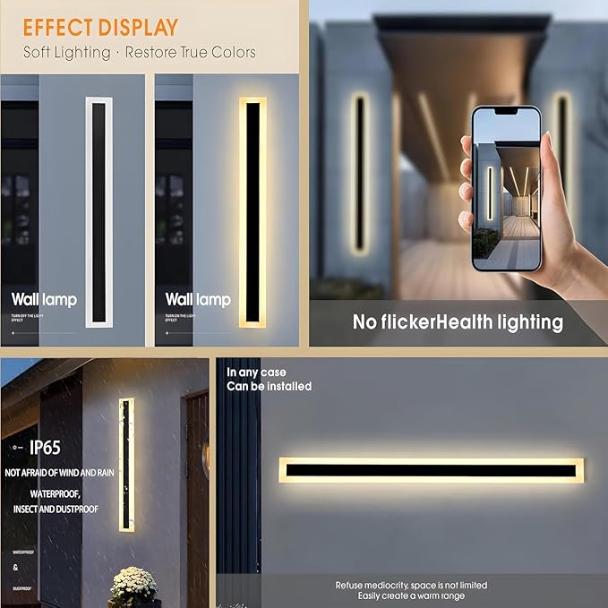 2Pack 47.2inch Long Outdoor Modern LED Wall Light,38W Waterproof IP65 Warm White 110V led Wall Mount Lighting Fixture Rectangular Black Wall Lights Elegant Frosted White Acrylic Anti Rust.