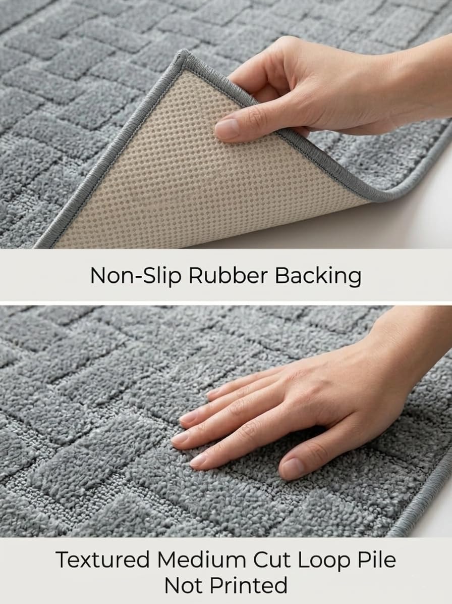 Runner Rug 12 ft, Non-Slip Washable Rug, Grey Textured Carpet for Kitchen Hallway Entryway, Rubber Backing, Indoor, Rolled in Box (26" x 12'), Custom Size Floor Runner
