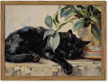 Framed Black Cat Canvas Wall Art, Vintage Sleeping Cat with Plant Picture Wall Decor Paintings, Cute Animal Poster Prints Rustic Aesthetic Home Decor for Living room Bedroom Bathroom 12x16 inch