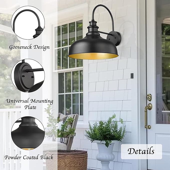 Bestshared Large Farmhouse Barn Lights 16 Inch Dome Outdoor Wall Lighting Fixture Industrial Gooseneck Sconces Exterior Mount Light, Black Outdoor Wall Lantern (1Pack, Black+ Gold)
