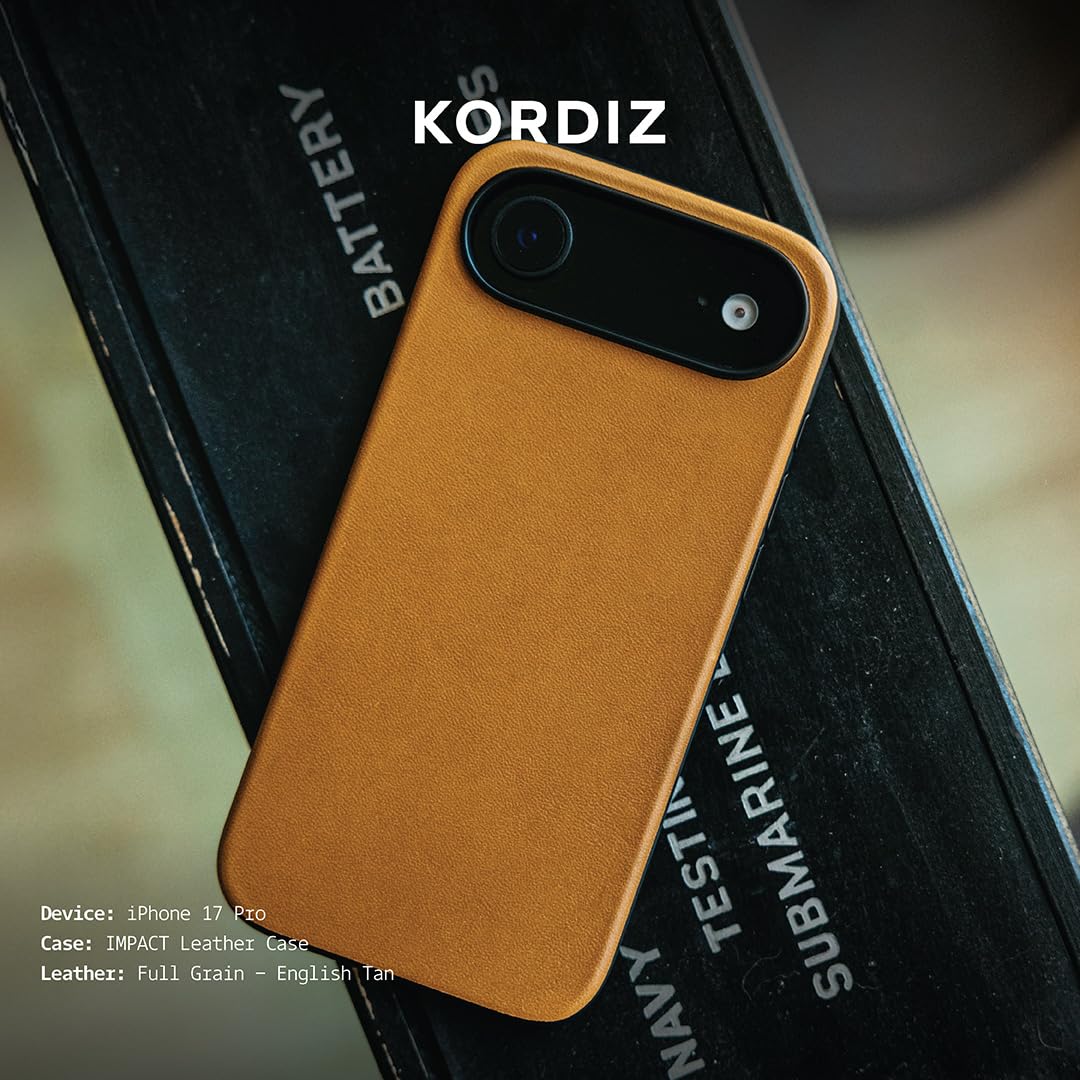KORDIZ Impact Leather Case for iPhone 17 Air – Full-Grain Leather MagSafe Case with Camera Control Button – 360° Shockproof Bumper – Rugged Patina-Ready Protection – Slim Grip Cover (English Tan)