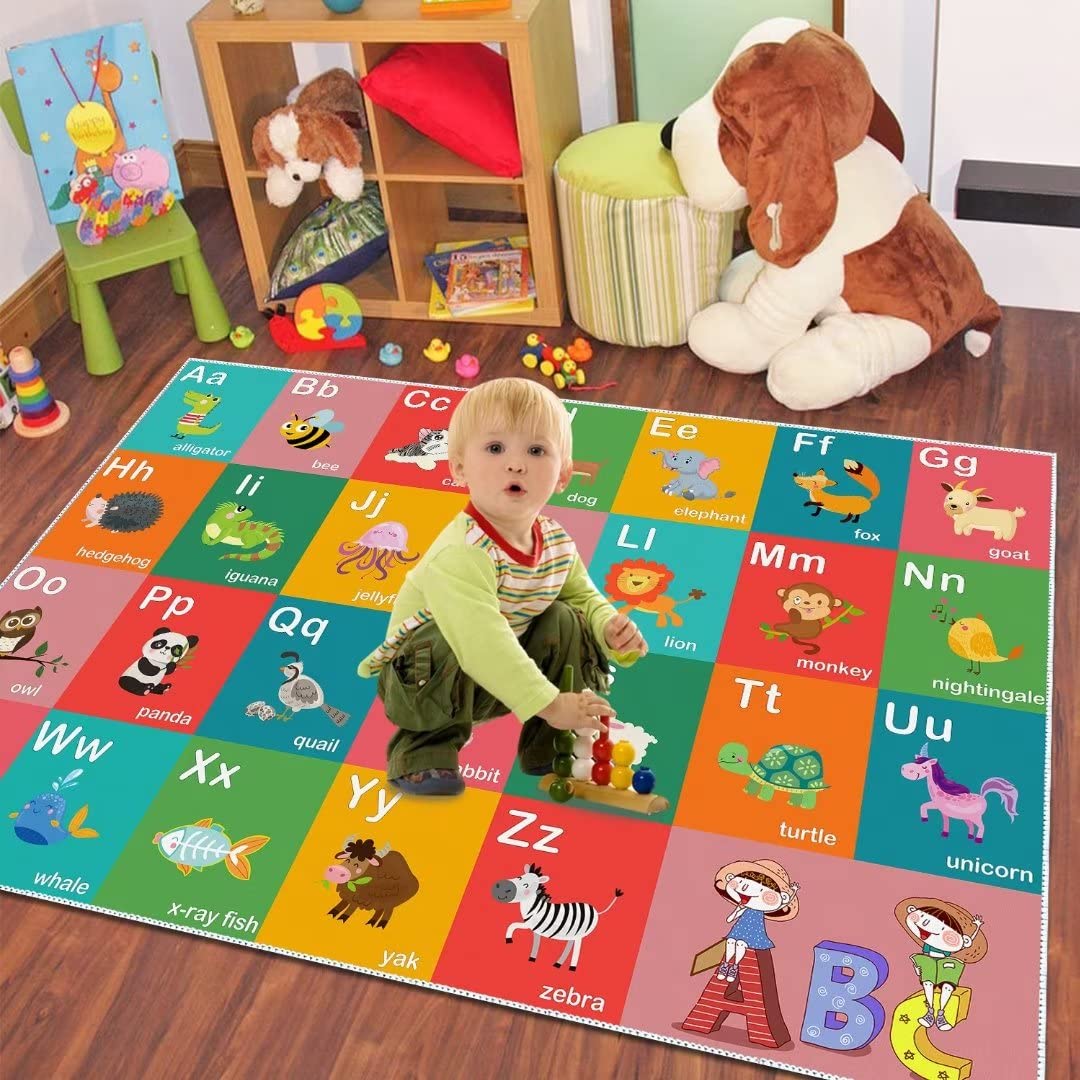 ABC Alphabet Education Rug, Kids Fun Game Carpet Children's Room, Playroom, Classroom, Non-Slip Washable Crawl Floor Mat (Animal 47x71in)