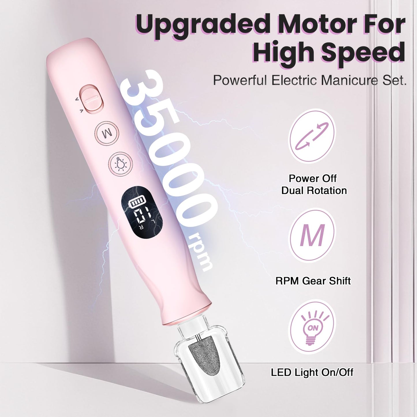 Electric Nail Drill, Cordless 2000 mAh Rechargeable Portable Nail File 12 in 1 Kit for Thick Toenails, 10 Speeds Nail Dril Machine Professional Manicure Pedicure for Hand Natural Nails Care (White)