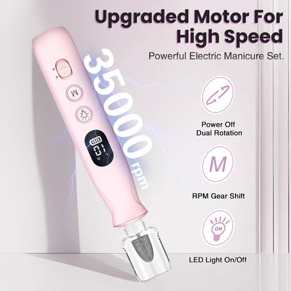 Electric Nail Drill, Cordless 2000 mAh Rechargeable Portable Nail File 12 in 1 Kit for Thick Toenails, 10 Speeds Nail Dril Machine Professional Manicure Pedicure for Hand Natural Nails Care (White)