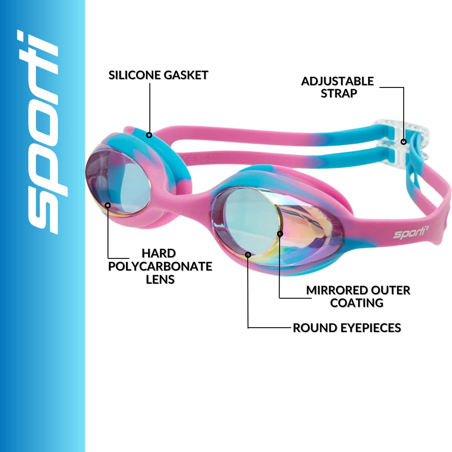 Sporti Unisex Junior Swimming Goggles, Swim Goggles for Kids, Safety for Pool, Beach, Anti Fog UV Protection, Variety Designs, Cabo Mirrored - Pink Mirror/Pink Lens/Pink Turquoise Multi Frame