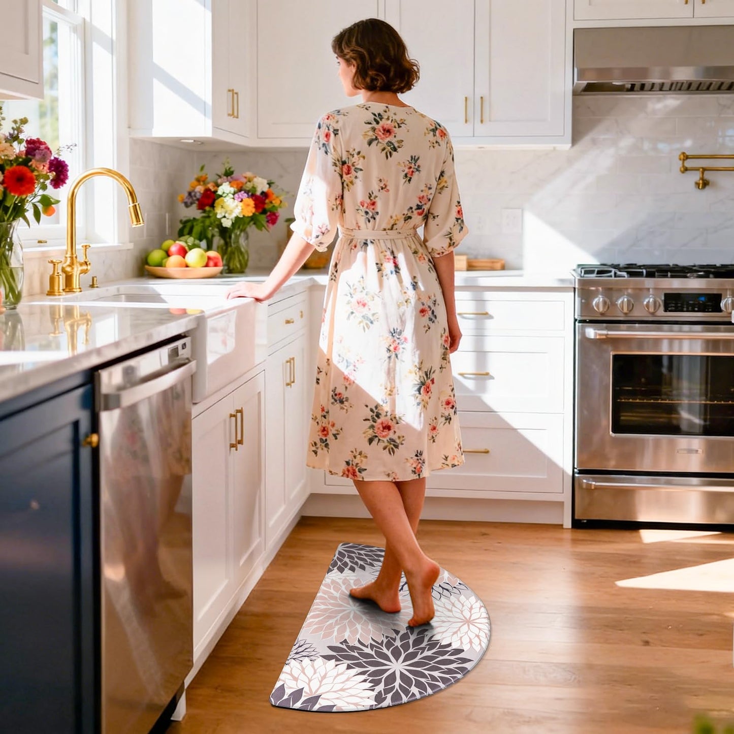 CHICNOOK Half Circle Kitchen Mat for Floor, Red Dahlia Floral Kitchen Rug