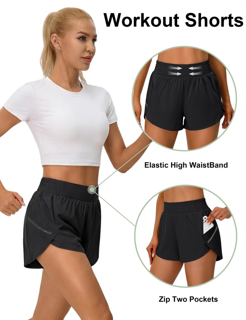 BMJL Womens Workout Gym Shorts Athletic Yoga High Waisted 2 in 1 Sporty Dolphin Running Shorts with Zip Pocket 2.5"(M,Black)