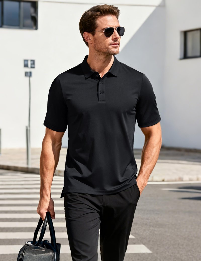 MAGCOMSEN Black Polo Shirts for Men Short Sleeve Performance Moisture Wicking Golf Polos Athletic Work Casual Plain Collared Shirt