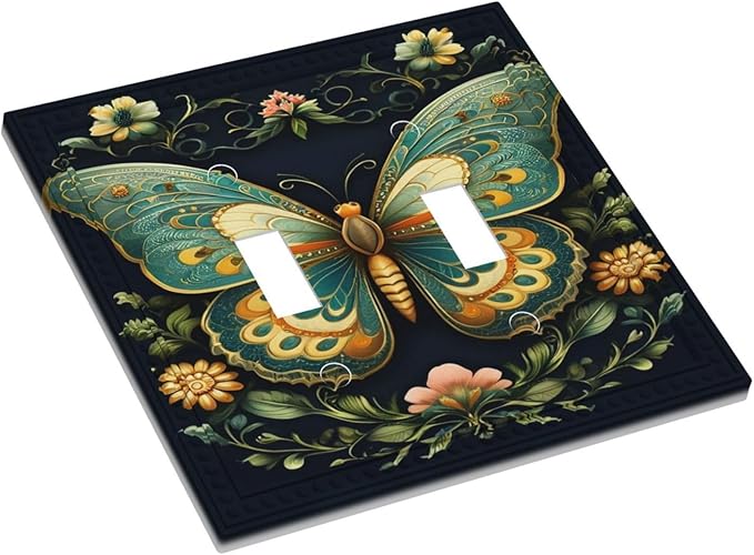 Butterfly Ornate with Flower Light Switch Covers Double Toggle 2 Gang Wall Plate Dual Decorative Switchplate Electrical Faceplate for Farmhouse Decor