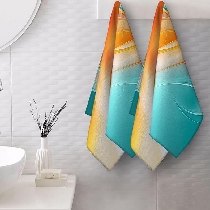 Orange Teal Hand Towels Set of 2 14"x28" Absorbent Turquoise Orange Marble Bath Decorative Towels for Bathroom Home Farmhouse Spa Gym Yoga, Orange Teal Bathroom Decor