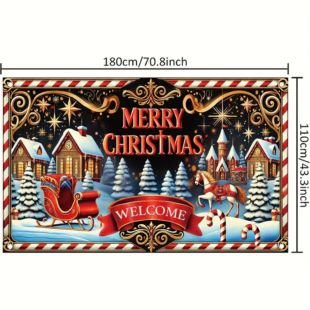 Tomhong Merry Christmas Welcome Sign 71x43inch Large Outdoor Yard Banner forWinter Holiday Party Porch Decoration Festive Xmas Scene with Sleigh Horse Candy Cane andSnowy Village