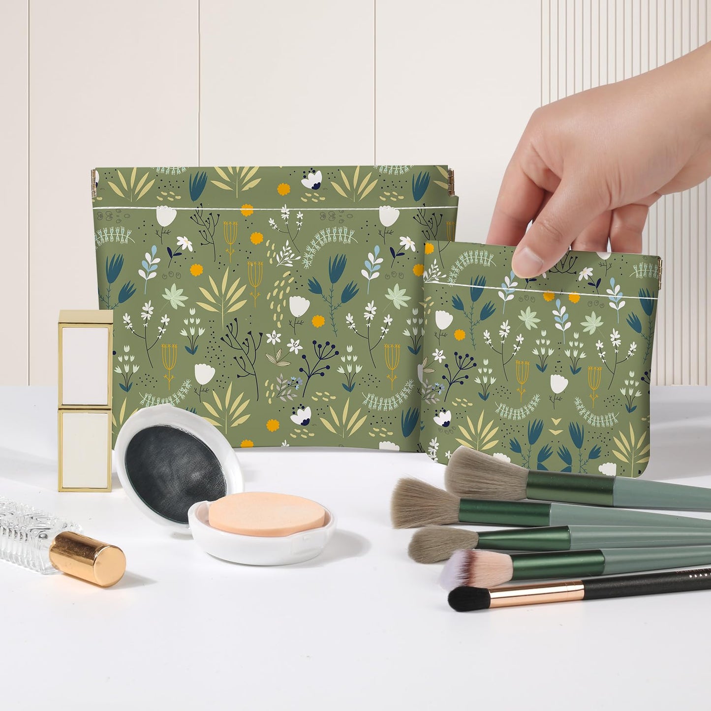 Luoycxy 2 PCS PU Leather Small Makeup Bag Set for Purse,No Zipper Self-closing Cosmetic Bag, Portable Coin Purse Lipstick Accessories Organizer Travel Toiletry Storage Pouch for Women,Green Flower