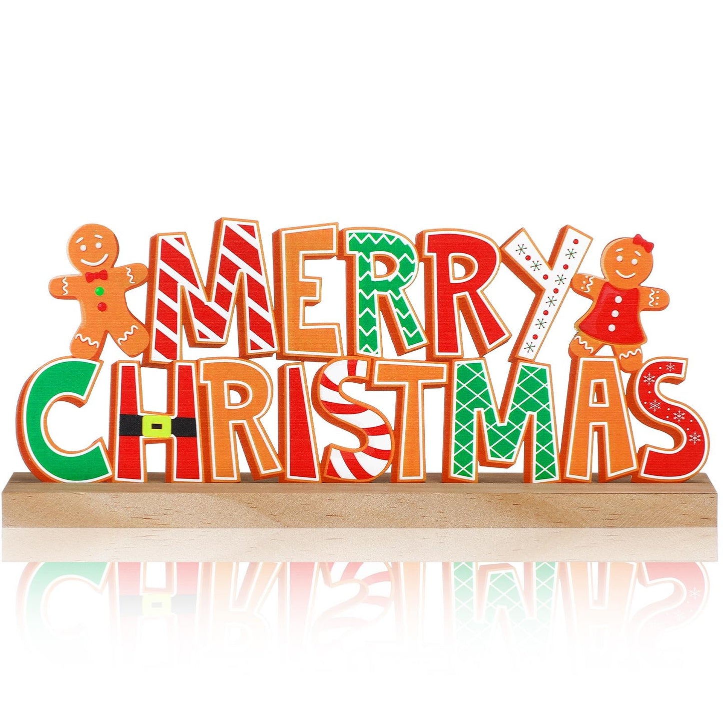 Realspring Gingerbread Man Metal Sign Gingerbread Christmas Table Decoration Xmas Tiered Tray Decor Freestanding Metal Word Sign with Wooden Base for Xmas Home Tabletop Centerpiece Mantel Fireplace