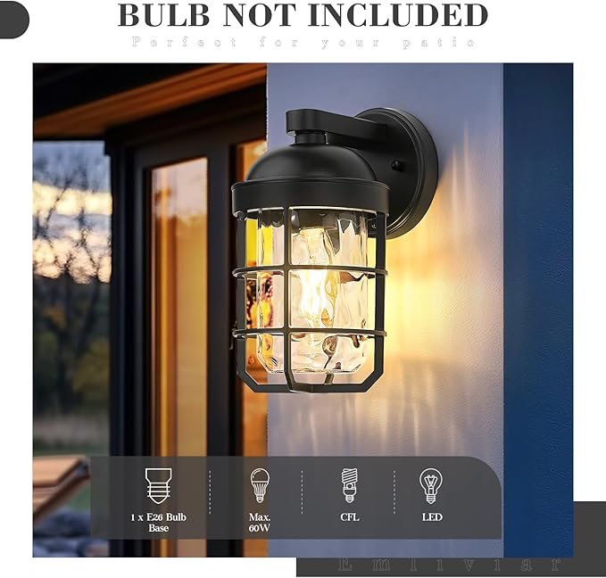 Emliviar 1-Light Porch Wall Lantern with Metal Cage, Outdoor Sconce Wall Mounted Lighting with Water Ripple Glass, Matte Black Finish, GE255BL BK-WG