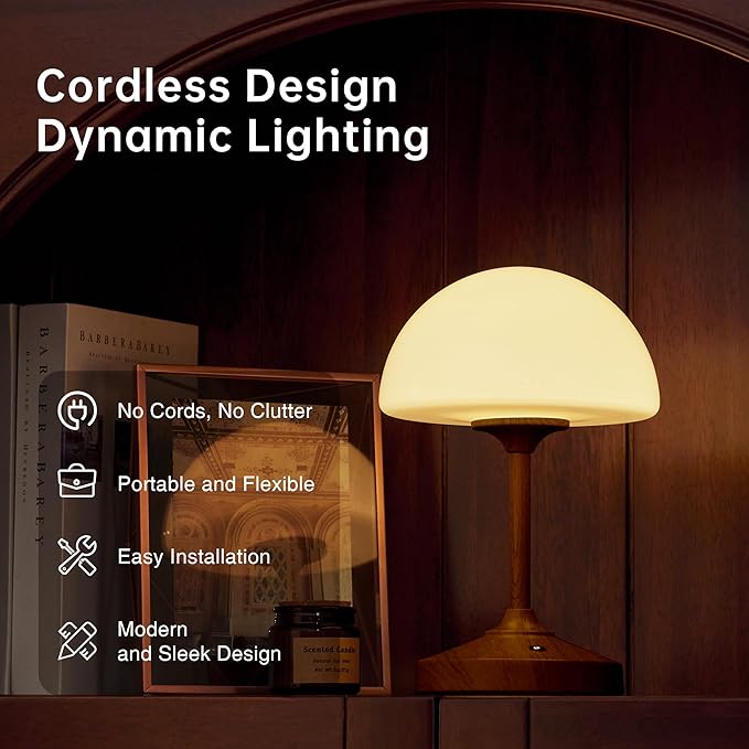 Mushroom Lamp Cordless Lamp Table Lamp,Outdoor Waterproof Shower Lamps,5000mAh Rechargeble Battery Operated Dimmable Touch Desk Lamps,LED Night Light for Bathroom Patio Camping Outdoor/Walnut