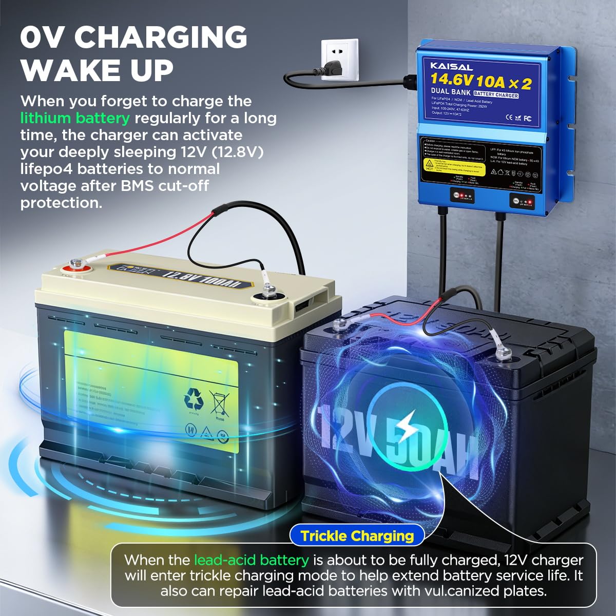 2 Bank Marine Battery Charger 12V 20A(10A/Bank) IP67 Waterproof 14.6V LiFePO4 & Lead-Acid & NCM Lithium Battery Charger 12 Volt 0V Wake Up 12V Charger, Onboard Charger for Boat, Car,RV, Trolling Motor