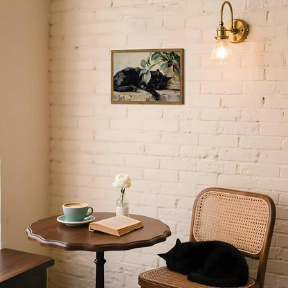Framed Black Cat Canvas Wall Art, Vintage Sleeping Cat with Plant Picture Wall Decor Paintings, Cute Animal Poster Prints Rustic Aesthetic Home Decor for Living room Bedroom Bathroom 12x16 inch