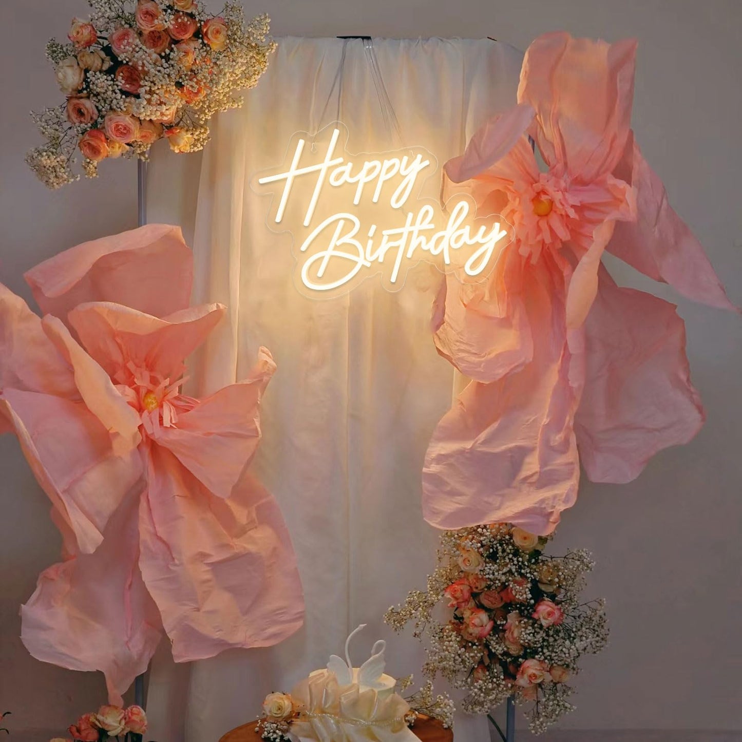 Happy Birthday Neon Sign for Wall Decor, Warm White LED Neon Light Signs, Art Decoration Happy Birthday Neon Light Sign for All Birthday Party Decoration with 2 Pcs Pasters (17×12 Inch)