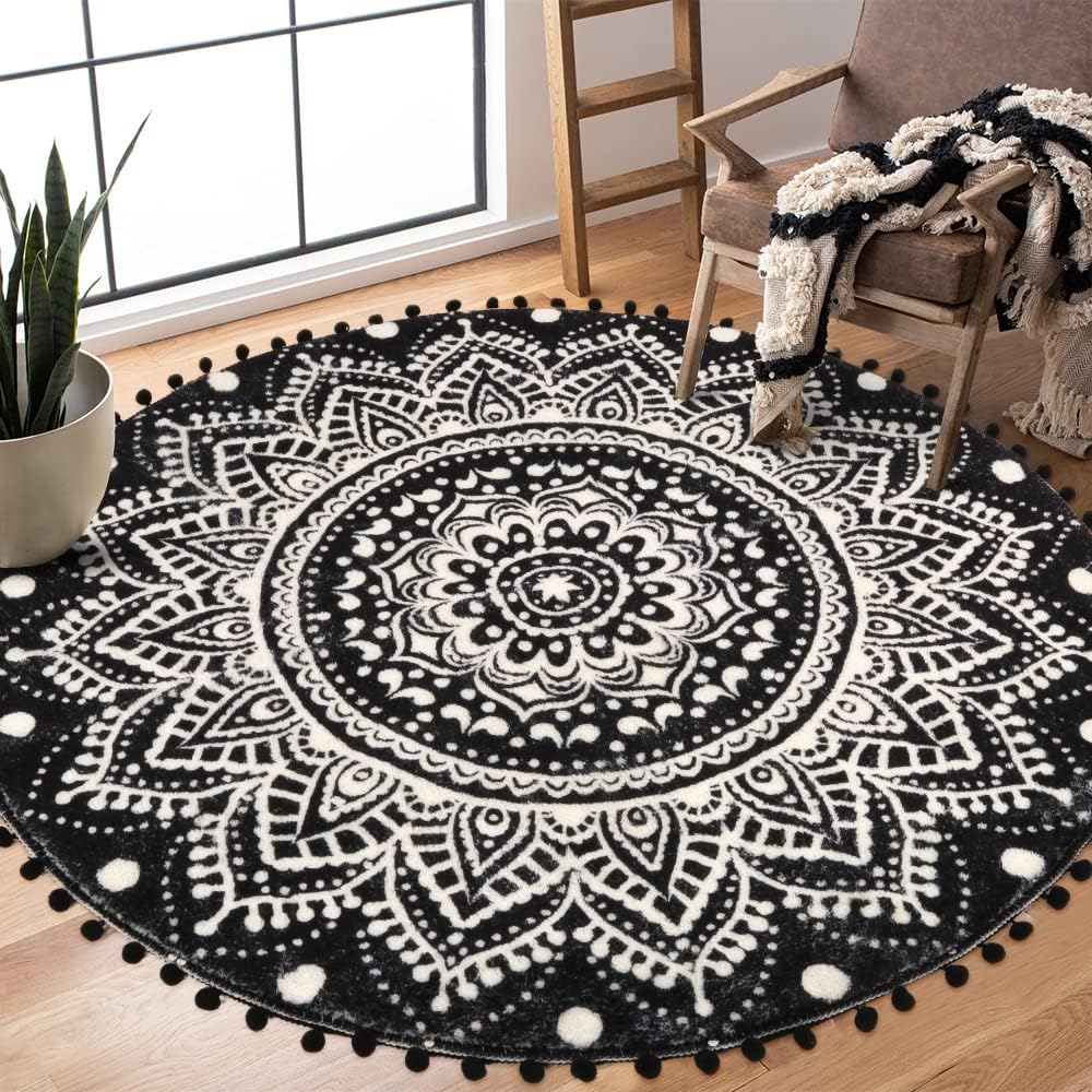 Uphome Boho Round Rug for Living Room 4' Circular Black Mandala Area Rug with Pom Poms Fringe Washable Cute Bohemian Accent Throw Rugs Non-Slip Soft Floor Mat for Bedroom Sofa Kids Room Nursery