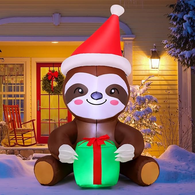 COMIN 5.9 FT Christmas Inflatables Outdoor Decorations Inflatable Sloth Holding Present Box Blow ups with Built-in LEDs for Yard Party Lawn Decor