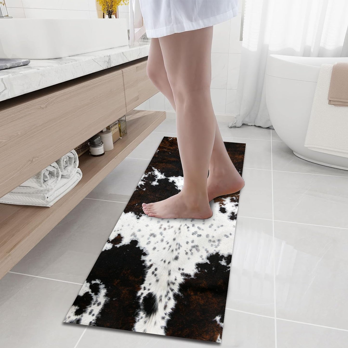 MUGINYU Cowhide Cow Print Bath Mat,Long Western Bathroom Rug for Farmhouse Cowboy Decor,Quick Dry Absorbent Non-Slip Narrow Shower Rug Runner Mats for Bathroom Floor with Rubber Backing