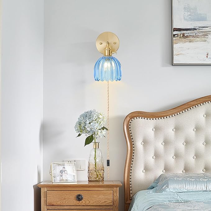 Plug in Wall Sconce, Vintage Sconce Light with Tulip Sky Blue Glass Lampshade, 180° Adjustable Wall Sconce with Switch and Plug in Wall Lamp Cord, Gold Wall Light for Bedroom Bedside