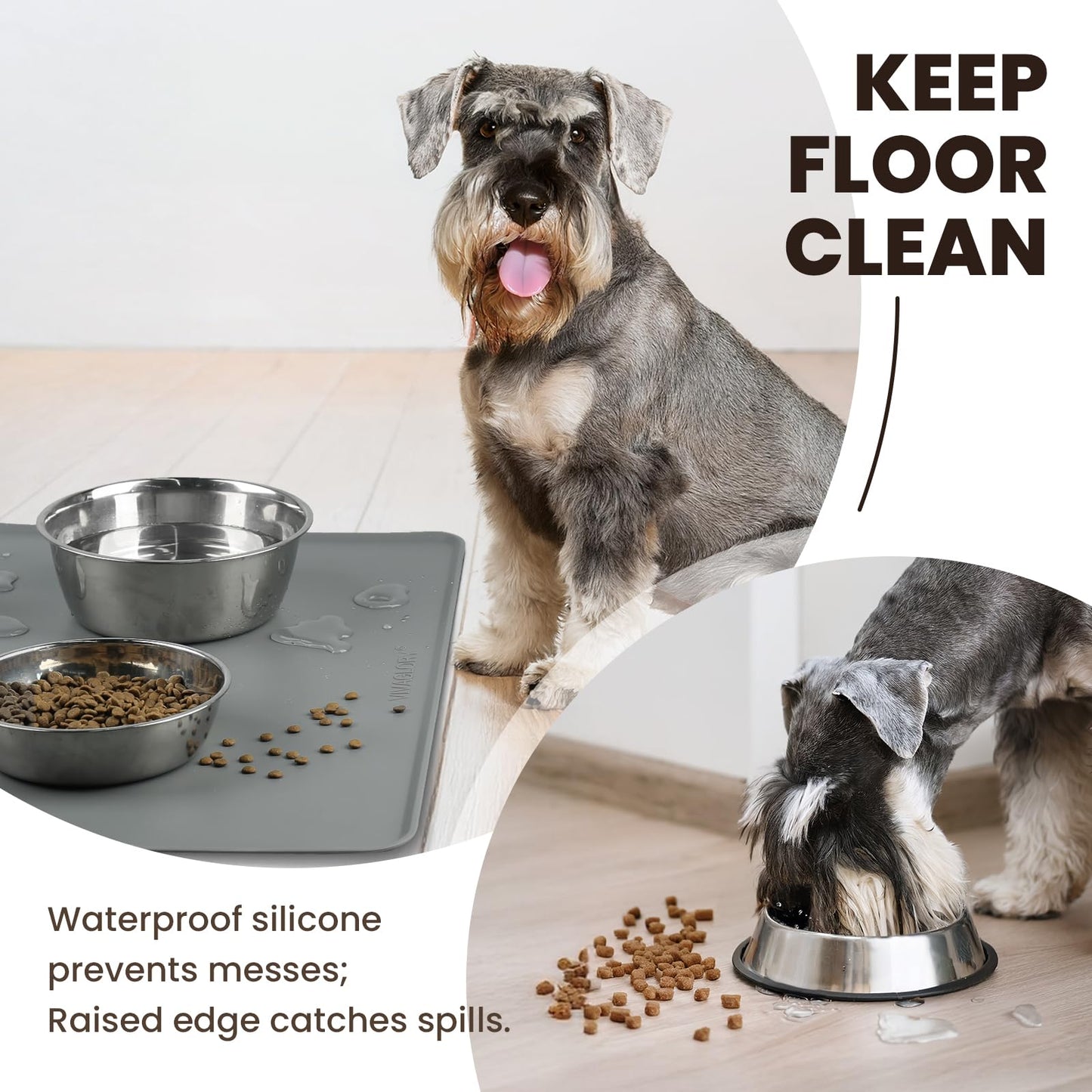 VIVAGLORY Dog Food Mat Flexmat Dog Bowl Mat, Placemat Food Tray with Raised Edges & Lip for Indoor Floor, Non Slip Waterproof Silicone Dish Placemat for Cat & Pet, S, Grey