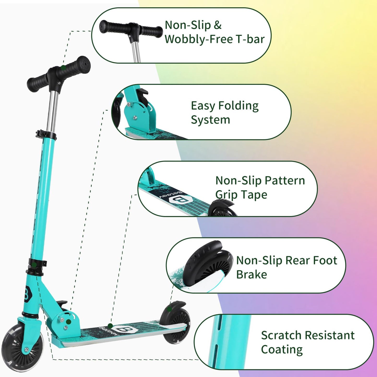 BELEEV Scooters for Kids Ages 3-12 with Light-Up Wheels & Stem & Deck, 2 Wheel Folding Scooter for Girls Boys, 3 Adjustable Height, Non-Slip Pattern Deck, Lightweight Kick Scooter for Children (Aqua)