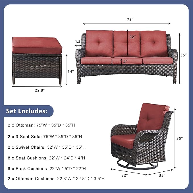 Rilyson Wicker Patio Furniture Set - 6 Piece Rattan Outdoor Sectional Conversation Sets with 2 Rocking Swivel Chairs,2 Ottomans and 2 Sofa for Porch Deck Garden(Brown/Red)