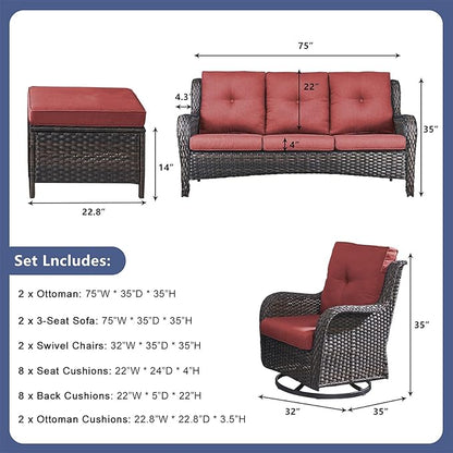 Rilyson Wicker Patio Furniture Set - 6 Piece Rattan Outdoor Sectional Conversation Sets with 2 Rocking Swivel Chairs,2 Ottomans and 2 Sofa for Porch Deck Garden(Brown/Red)