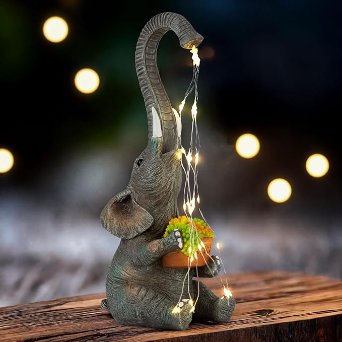 Elephant Garden Statue with Solar Watering Lights, Outdoor Resin Animal Sculpture for Patio, Lawn, Yard – Unique Gift for Women, Mom, Grandma (Dark Grey Succulents)