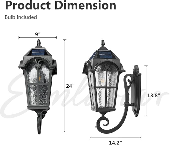 Emliviar Exterior LED Solar Wall Sconce with Remote Control, 24'' Front Door Wall Lantern with Water Grain Glass Shade, Waterproof Solar Black Wall Light with E26 Bulb, YXE302MB-SL BK