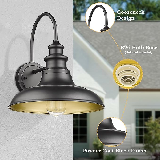 Outdoor Barn Light Fixtures, 12.3 Inch Large Dome Farmhouse Wall Mount Light Gooseneck Wall Sconce Exterior Wall Lighting Fixture Industrial Black Finish Lantern for Porch with Gold Interior, 2pack