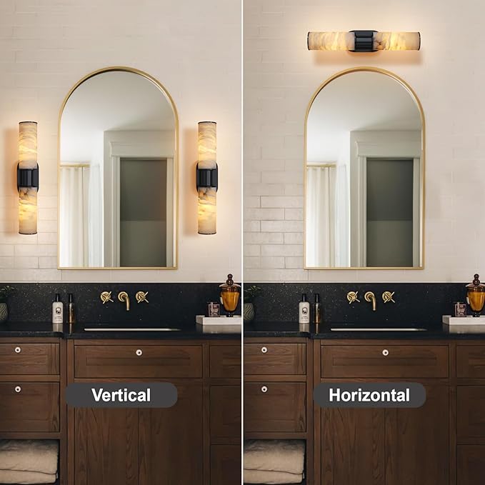 22.2" Alabaster Wall Sconce Set of 2, Black Bathroom Wall Sconce, Spanish Natural Marble Sconces Modern Wall Lights Lamps for Bedroom Living Room Stairs Indoor Hallway Vanity, Black