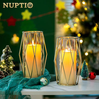 Nuptio Gold Pillar Candle Holder: 8 Pcs Glass Hurricane Candles Holders with Geometric Metal Rack Stand for Wedding Birthday Party Centerpieces - Decorative Flower Vase for Office Living Room