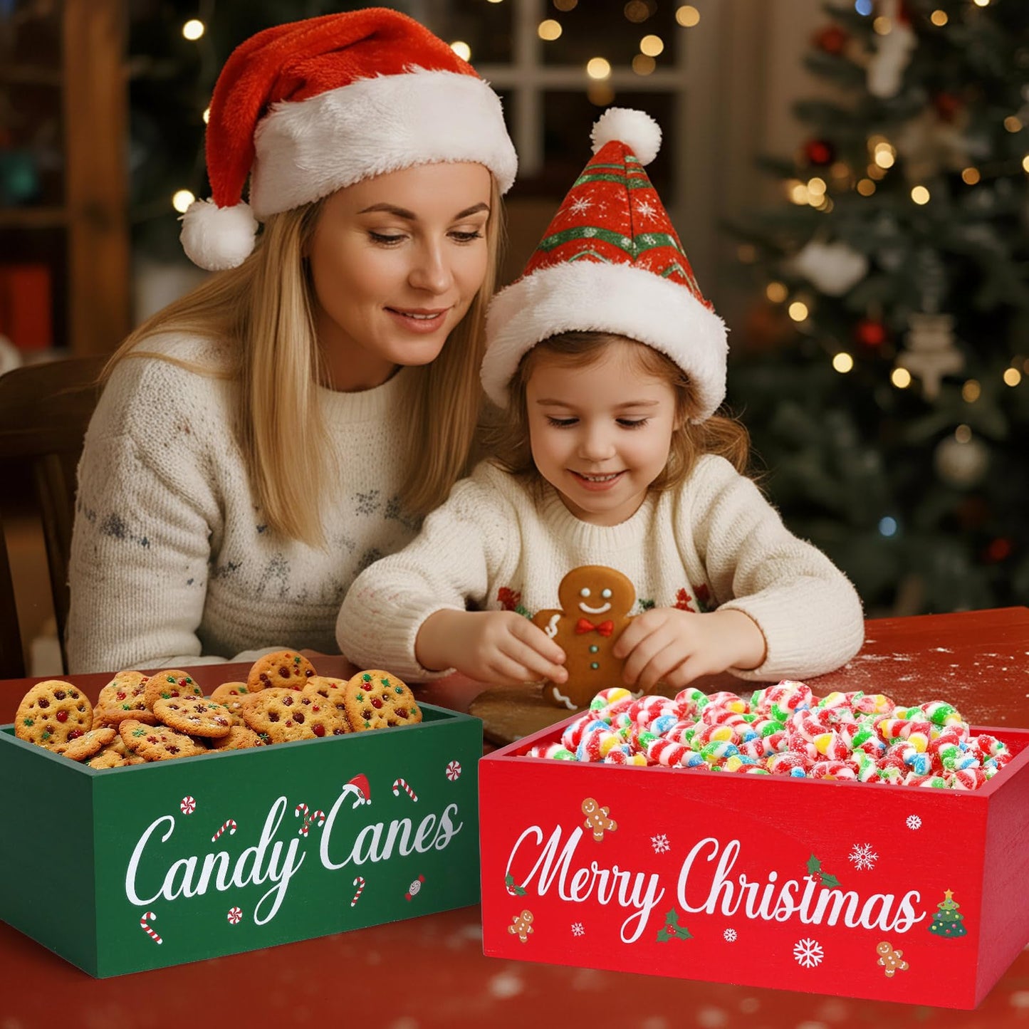 OAXNTGW 2 Pcs Merry Christmas Bowl Dish Xmas Party Supplies Candy Canes Wooden Candy Dish Serving Holder for Table Red Green Serving Dish for Corn Holiday Hot Cocoa Bar
