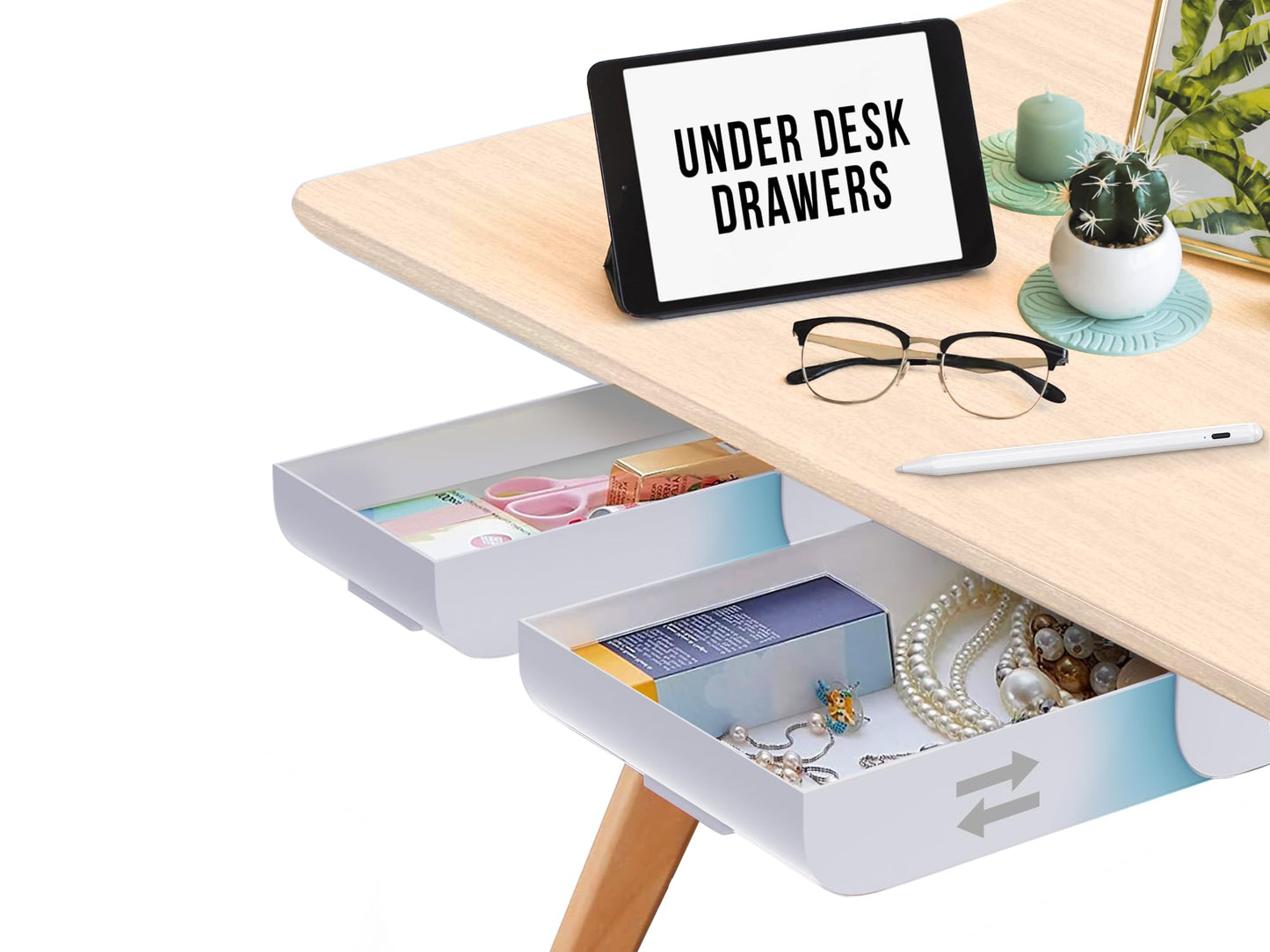 Desk Oasis 2 Pack Under Desk Drawer Organizer, Slide Out Storage for Pens, Cables & Office Accessories with Self Adhesive, No Drill Installation, Hidden Desk Storage for Office and Home
