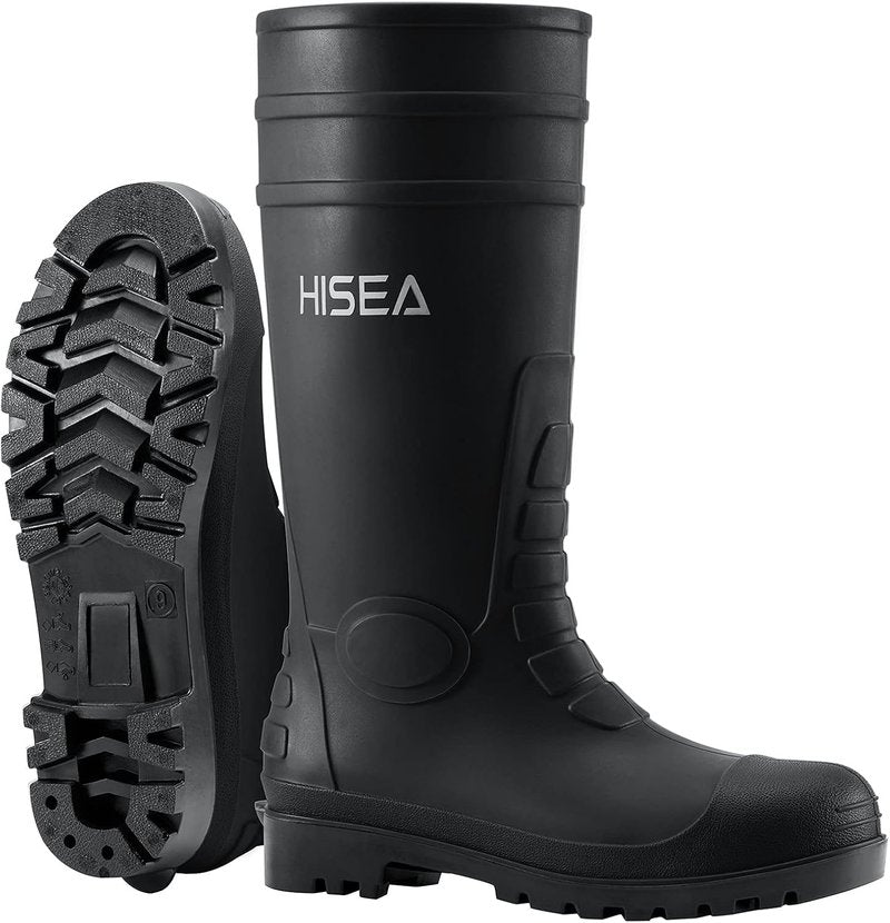 HISEA Men's Steel Toe Rain Boots - Waterproof PVC Rubber Outdoor Work Boots | Durable Slip-Resistant Knee Design