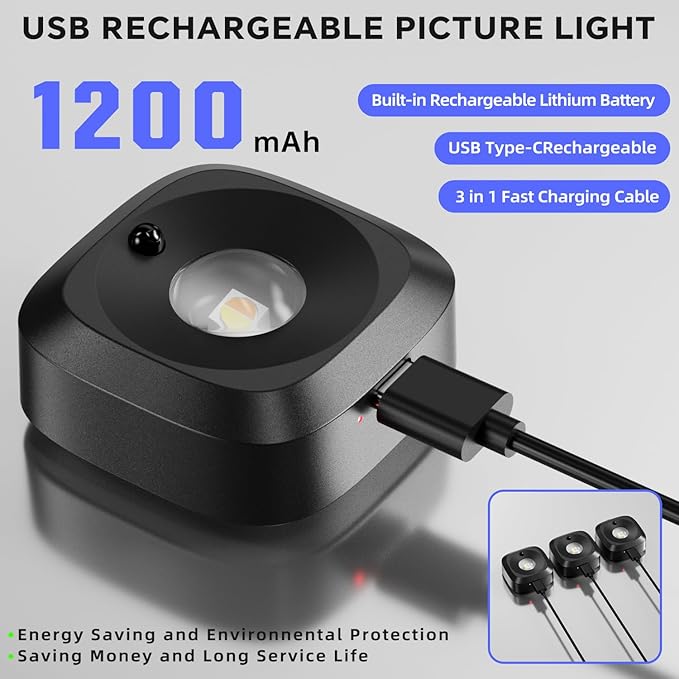 Lightbiz Picture Light 3 Pcs, Rechargeable Battery Operated Picture Lights for Wall, Magnetic Wall Lights with 3 Color Temps, Remote Dimmable Timer Poster Lights for Art Display, Frame