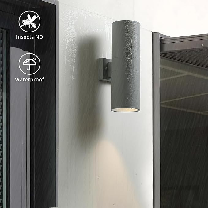 mirrea 18" Modern Outdoor Porch Light Patio Light in 2 Lights with Aluminum Cylinder and Tempered Glass Cover Waterproof Wall Sconce 2 Pack (Matte Gray)