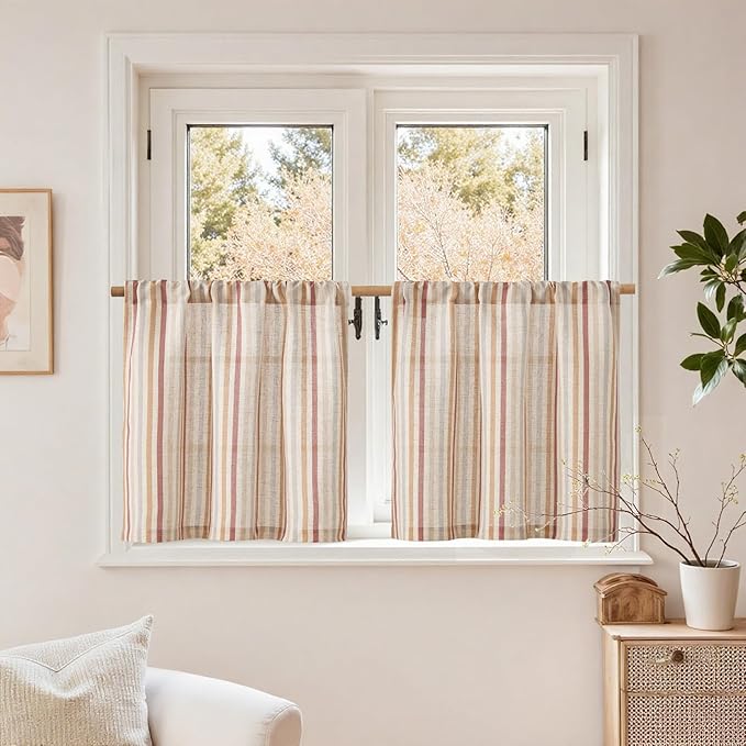 jinchan Colorful Striped Linen Kitchen Curtains 24 Inch Christmas Tier Curtains Farmhouse Modern Cafe Small Window Treatments Light Filtering Rod Pocket for Living Room Bathroom 2 Panels Multi Red