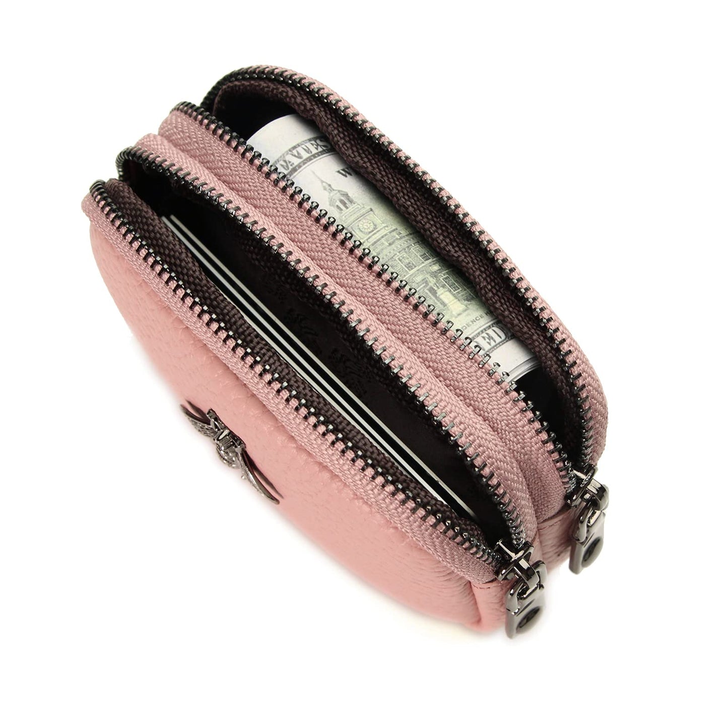 Yocipa Genuine Leather Coin Purse for Women Small Double Zipper Wallet Mini Change Pouch with Bee Charm for Cash Cards Keys Cute Compact Organizer (Pink)