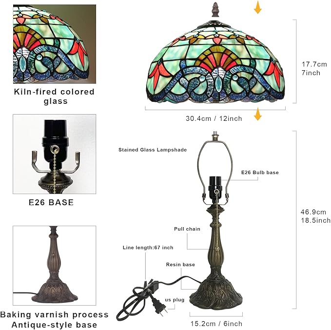 Tiffany Table Lamp Stained Glass Bedside Table Lamp Desk Reading Light 12 Inches Bedroom Living Room Home Office Decor Lamp(Baroque)