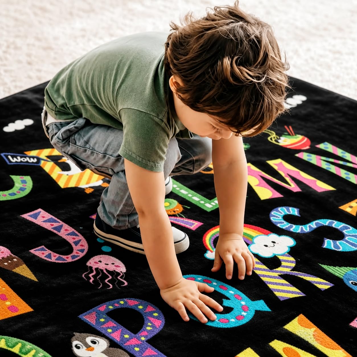 ABC Alphabet Rug, Classroom Playmat Rugs - 5x7 Ft Kids Carpet with Rubber Backing, Colorful Cartoon Letters Kids Play Mat Nursery Rugs for Bedroom Playroom - Black