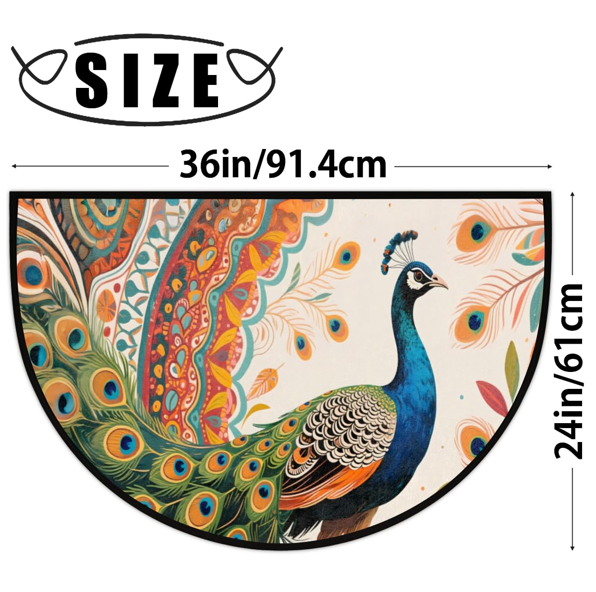 Half Round Decorative Area Rug Hand-Painted Peacock (005) Semi-Circle Floor Mat