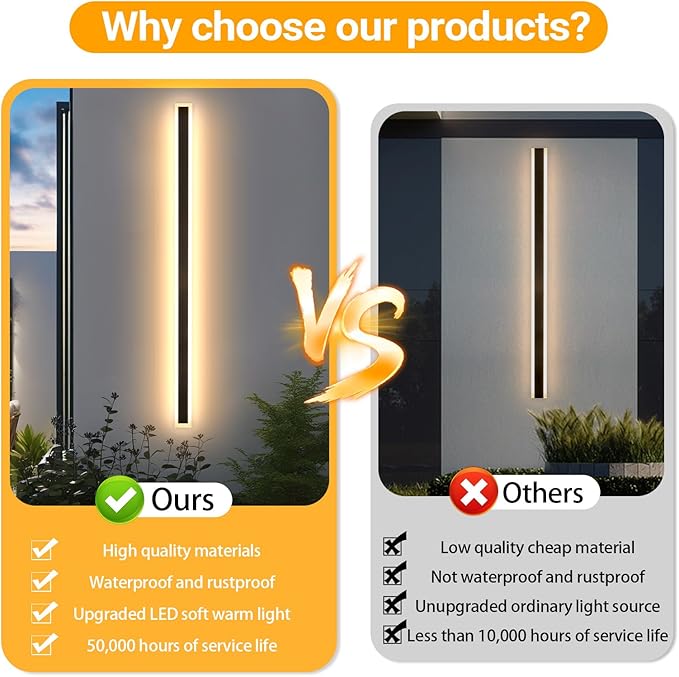 79 Inch Modern Outdoor Wall Light IP65 Waterproof Exterior Wall Sconce 3000K LED House Lights, Exterior Wall Lighting, Anti-Rust Linear Long Outdoor Light