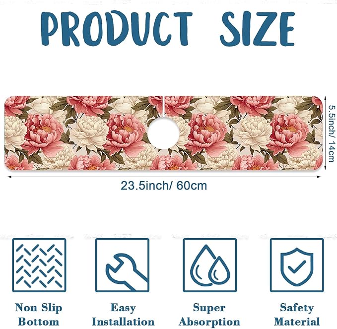 Beautiful Peony Sink Faucet Absorbing Mat Bright Peonies Super Absorbent Fast