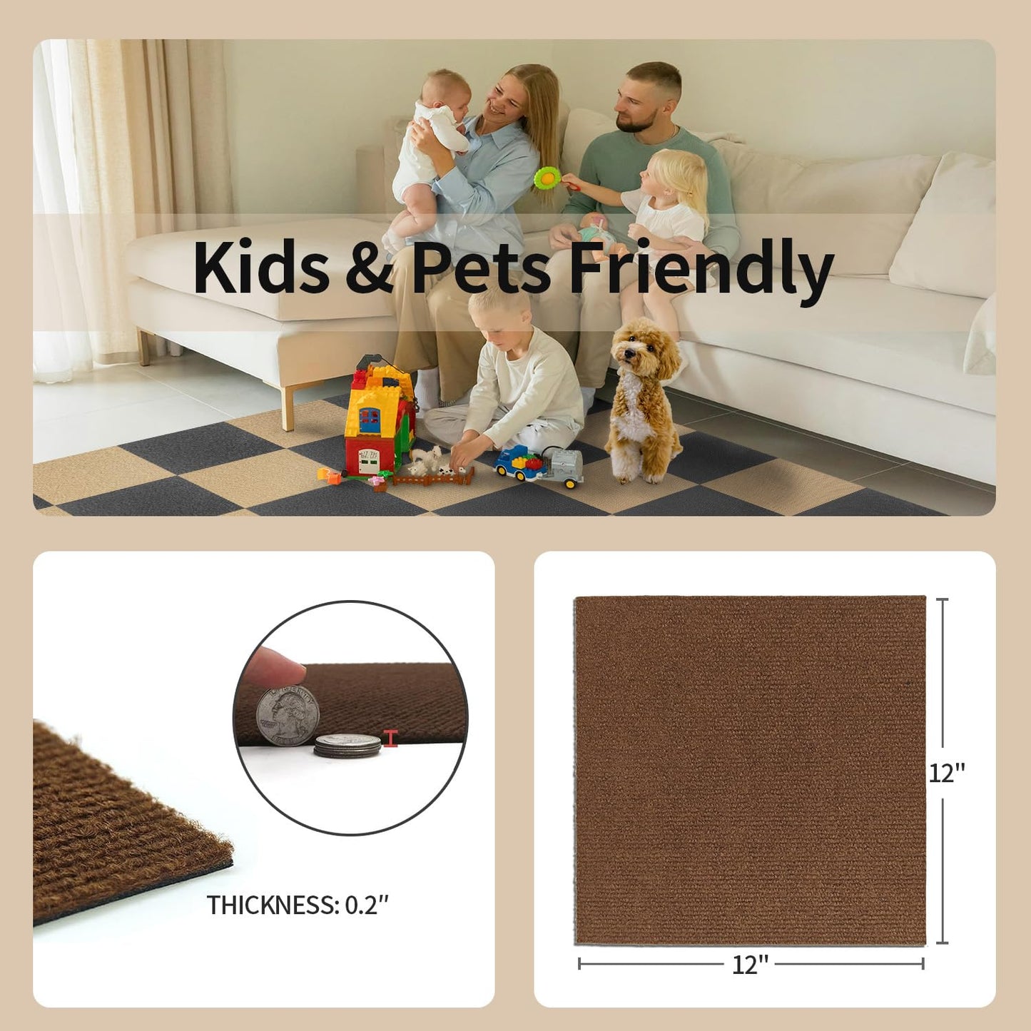 AKIVIDA Carpet Tiles Peel and Stick, 12”x 12” Non-Slip Self Adhesive Squares Carpet Floor Tile, 10Pcs DIY Reusable Waterproof Carpet for Gym Living Room Bedroom