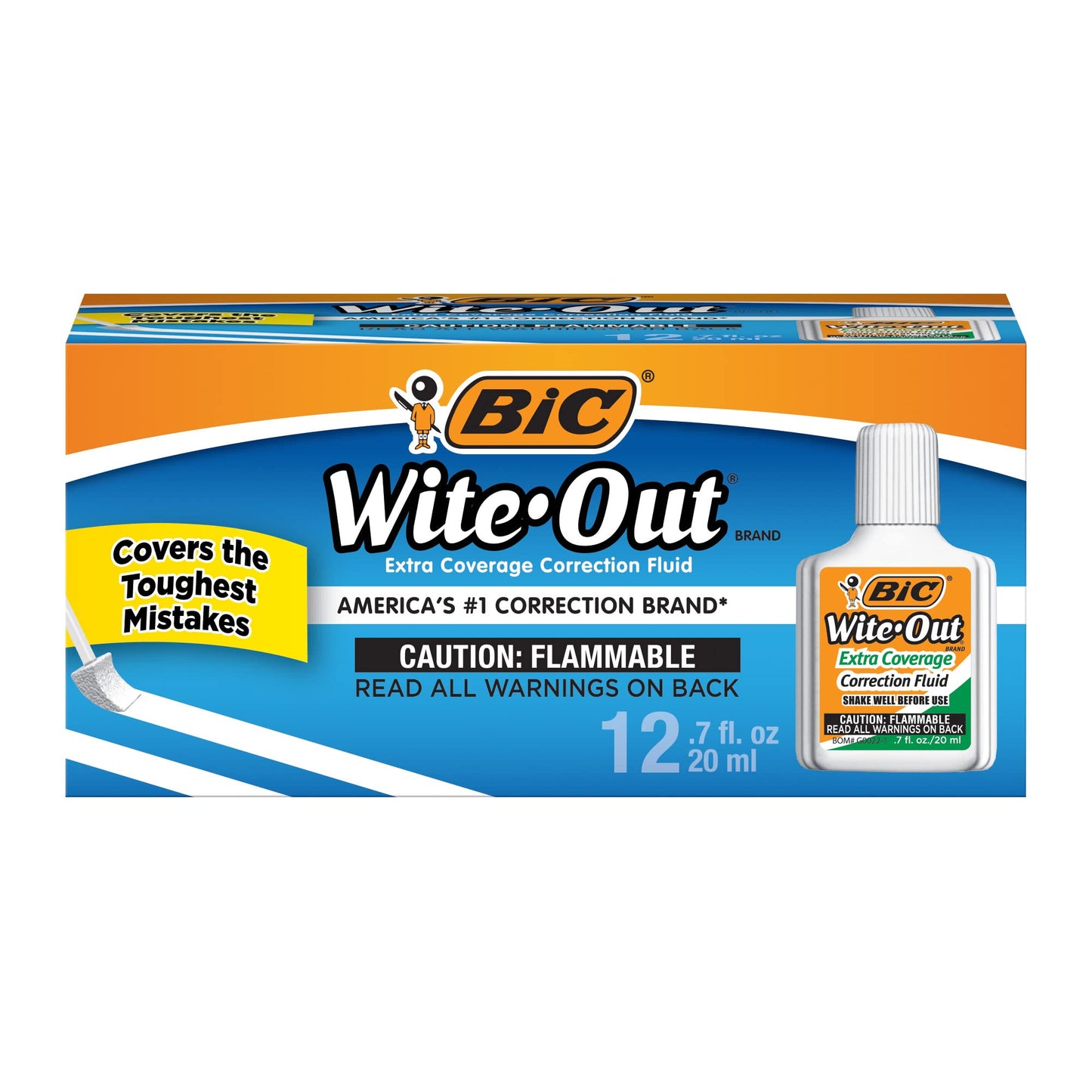 BIC Wite Out Extra Coverage Correction Fluid, 20 mL, White, Covers The Toughest Mistakes, 12-Count Pack